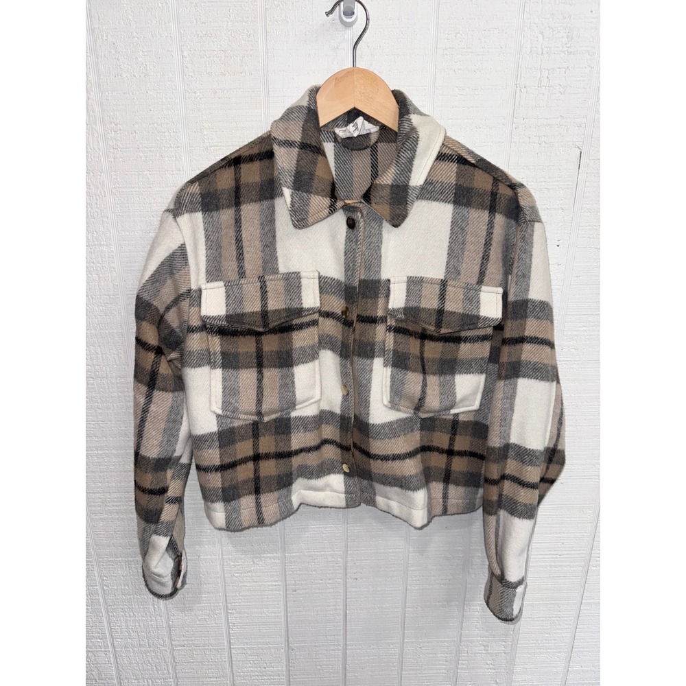 For The Republic Plaid Shacket Women Cream Brown Cropped Flannel Button Up Small